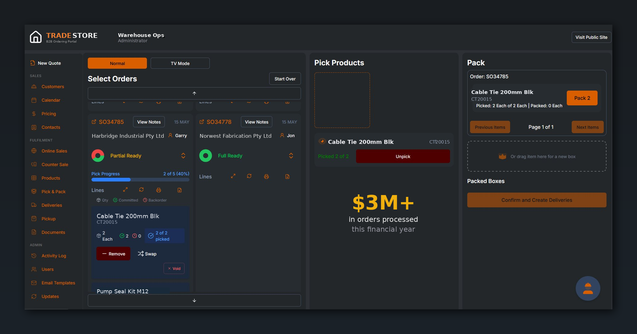TradeStore — a bespoke B2B ordering portal Artigence built for an Australian wholesale distributor. $3M+ in orders processed this financial year.